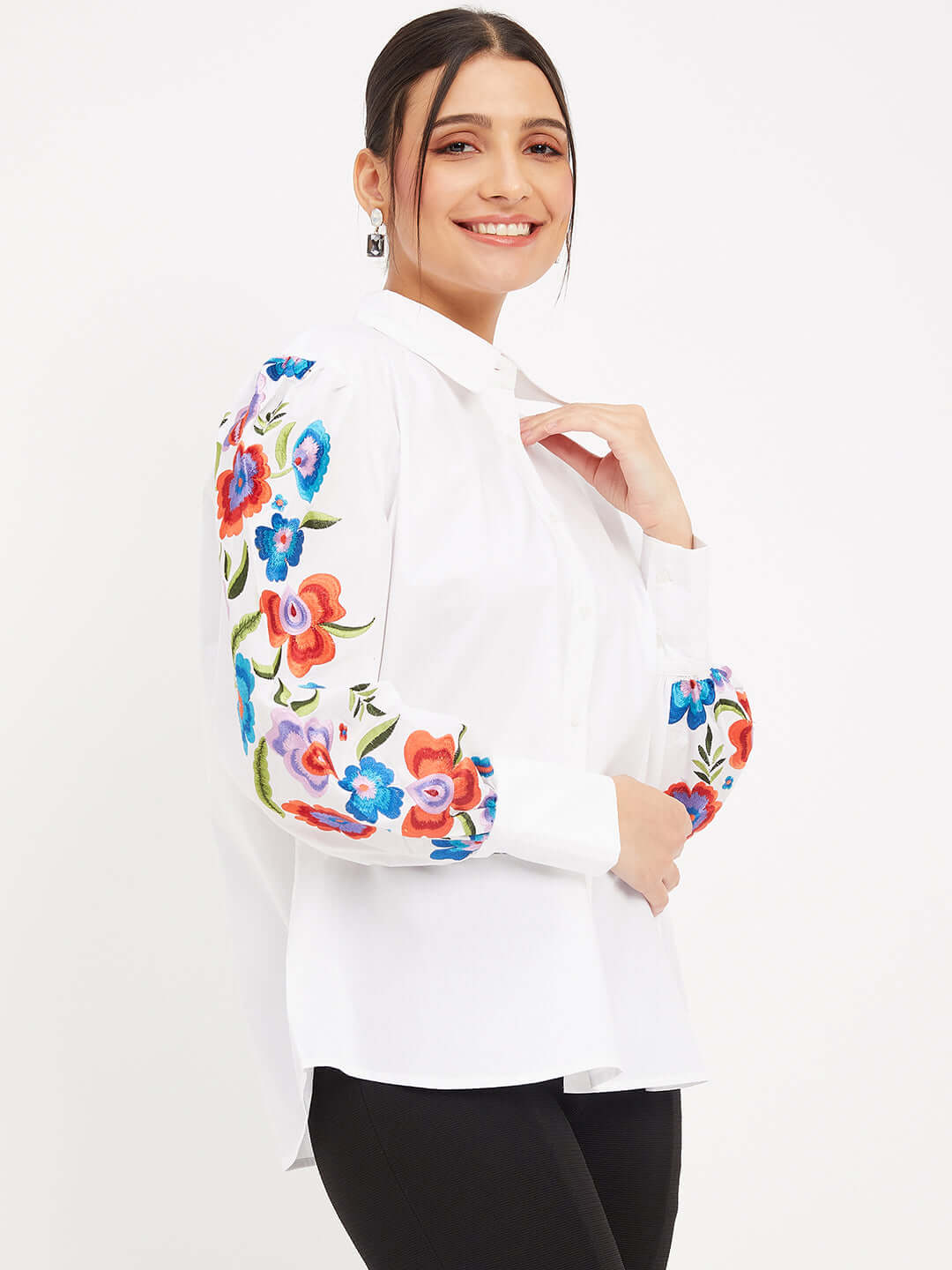 WHITE COTTON SHIRT WITH MULTI COLOURED FLORAL EMBROIDERY