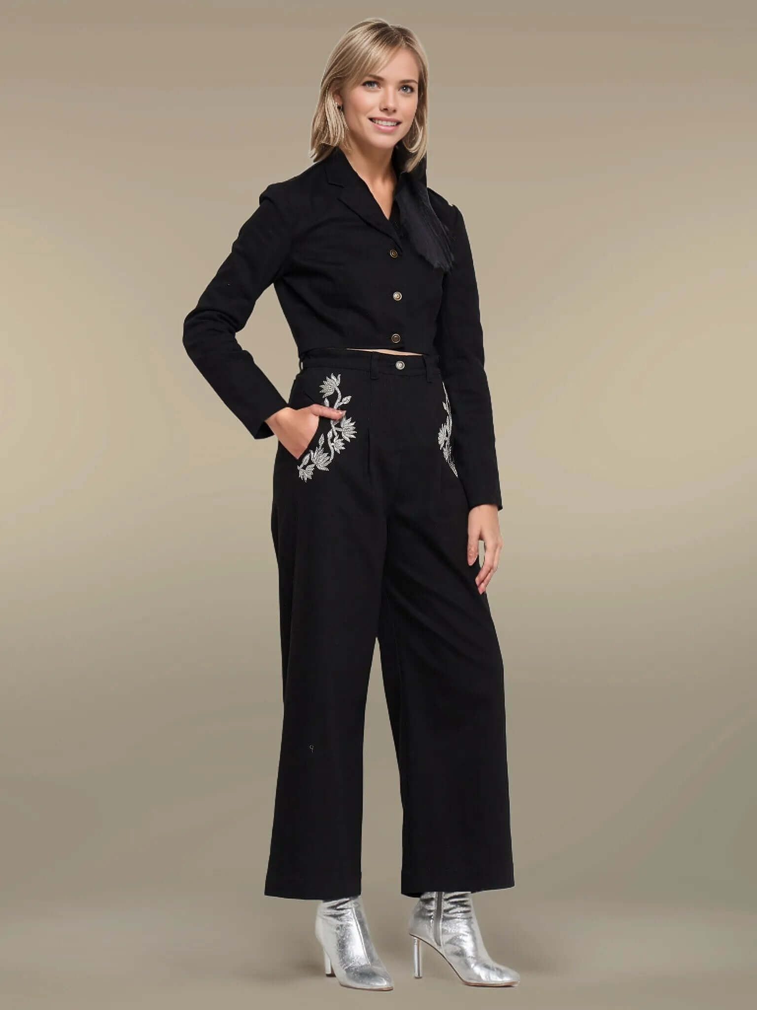 black embroidered crop top from Denim Pichwai Co-ord Set.