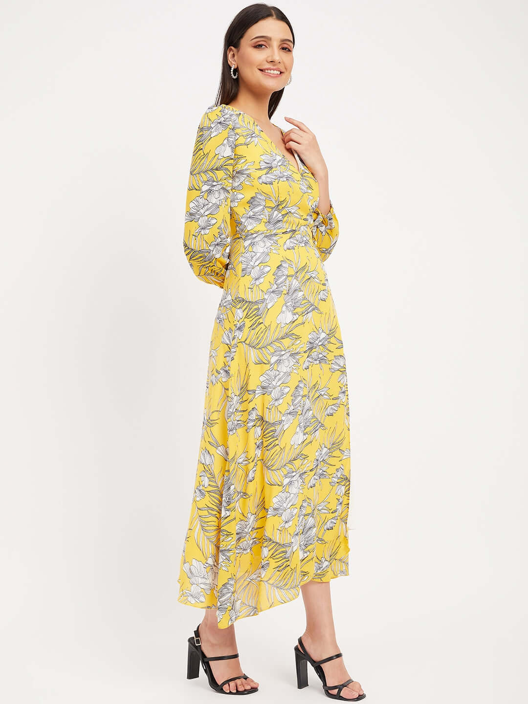 YELLOW PRINTED WRAP DRESS