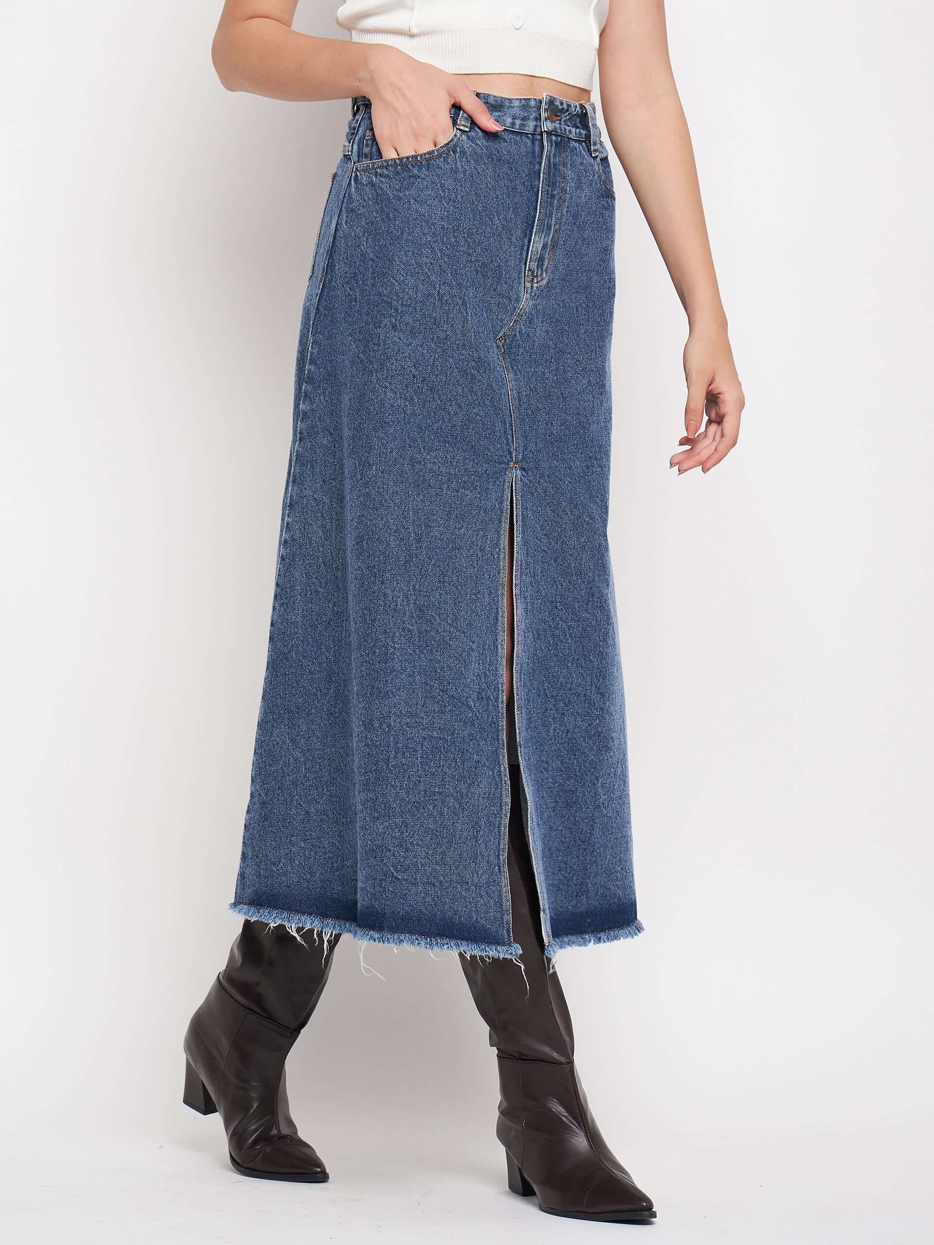 Denim Washed High Waist Split Skirt. - Antimony
