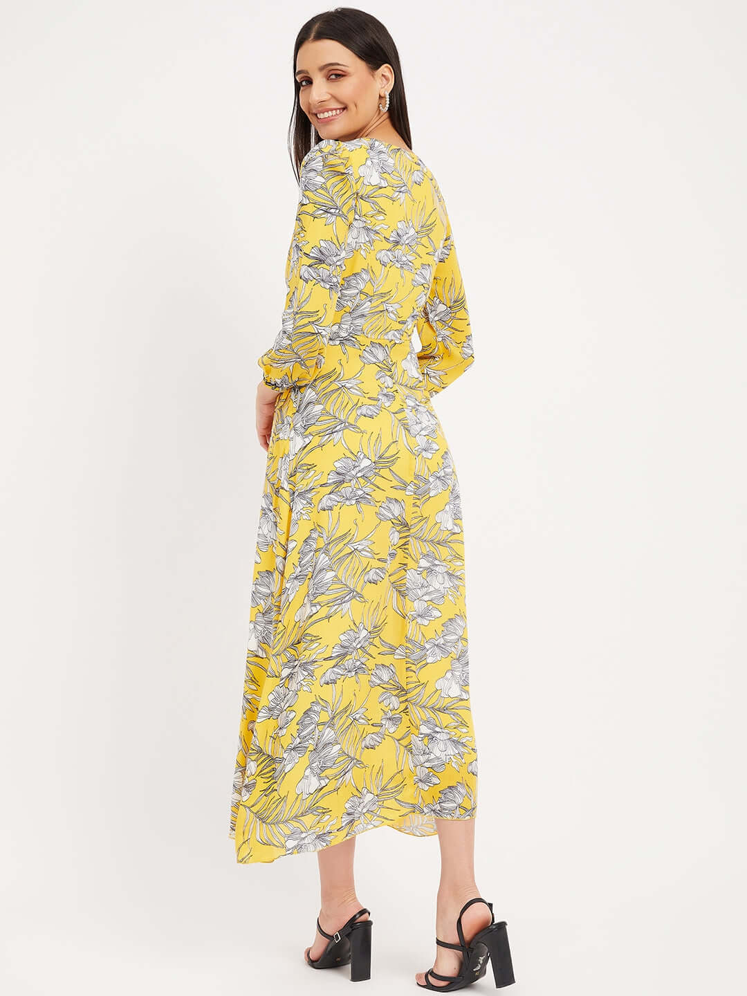 YELLOW PRINTED WRAP DRESS