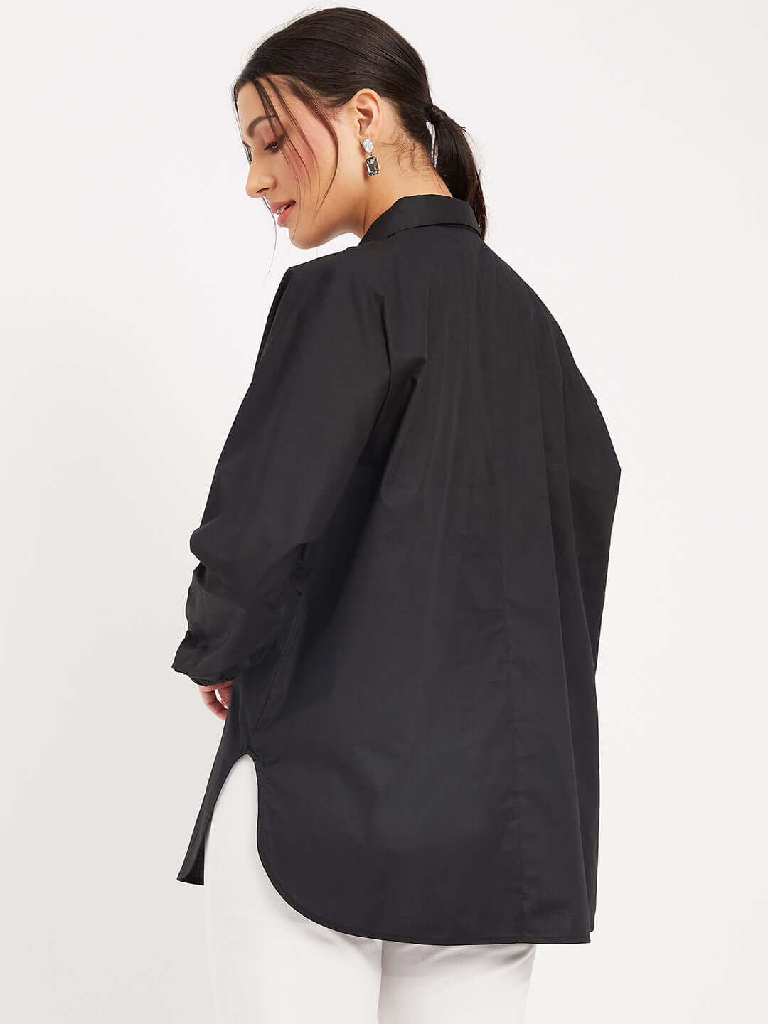 Cotton Solid Black Embroidery Shirt
