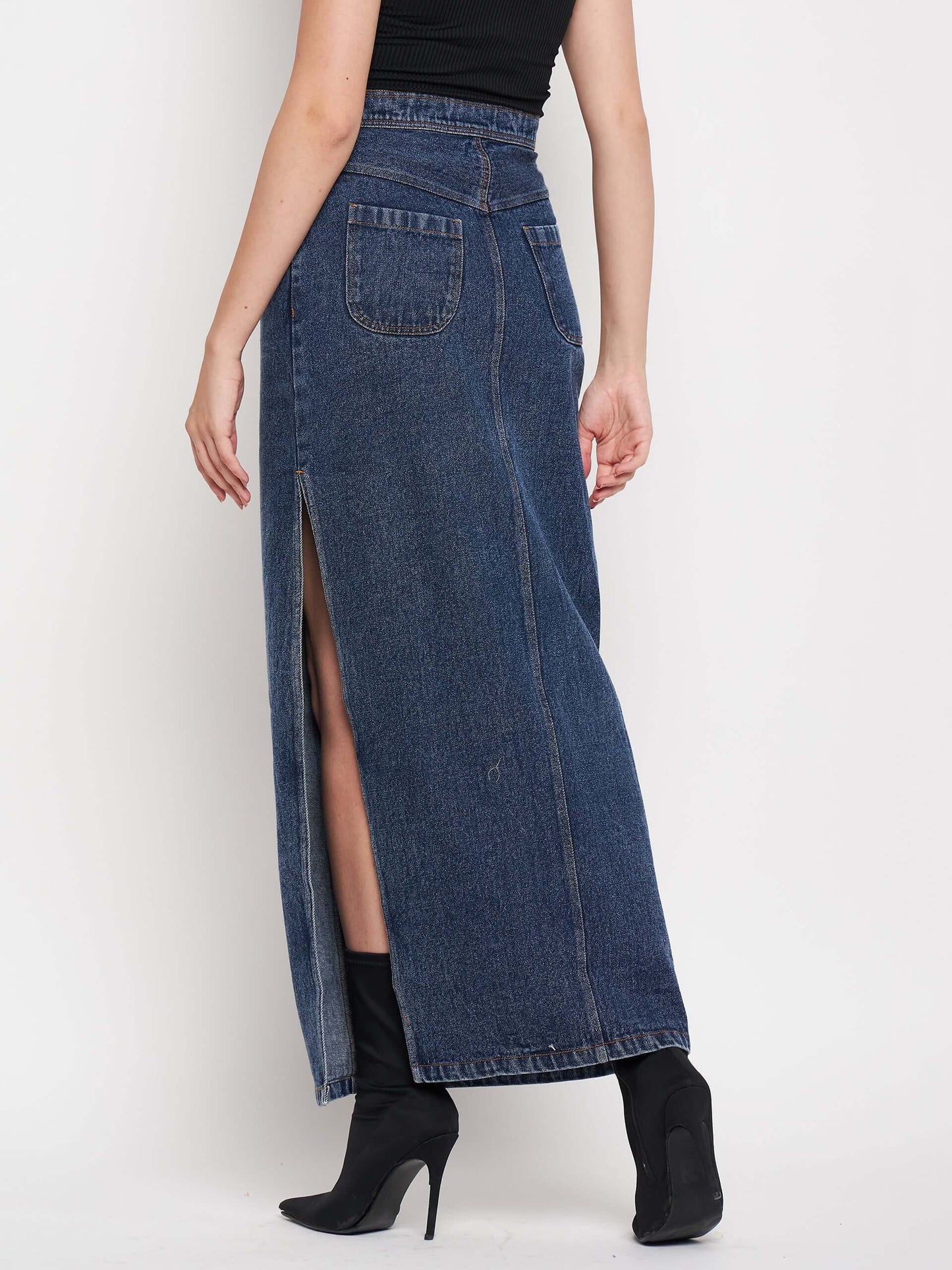 Denim Slit Slay in High Waist Long Split Denim Skirts.