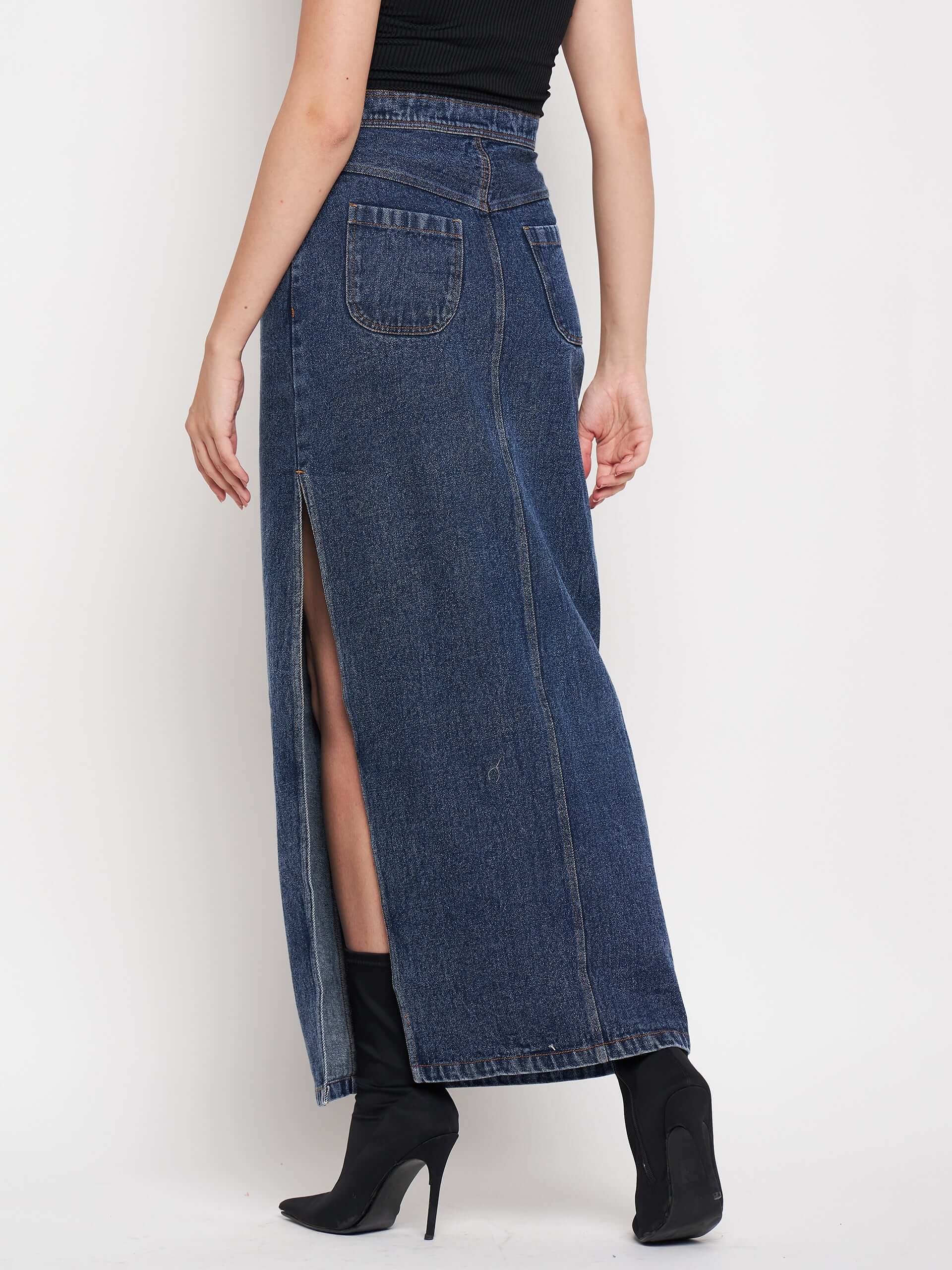 Denim Slit Slay in High Waist Long Split Denim Skirts.