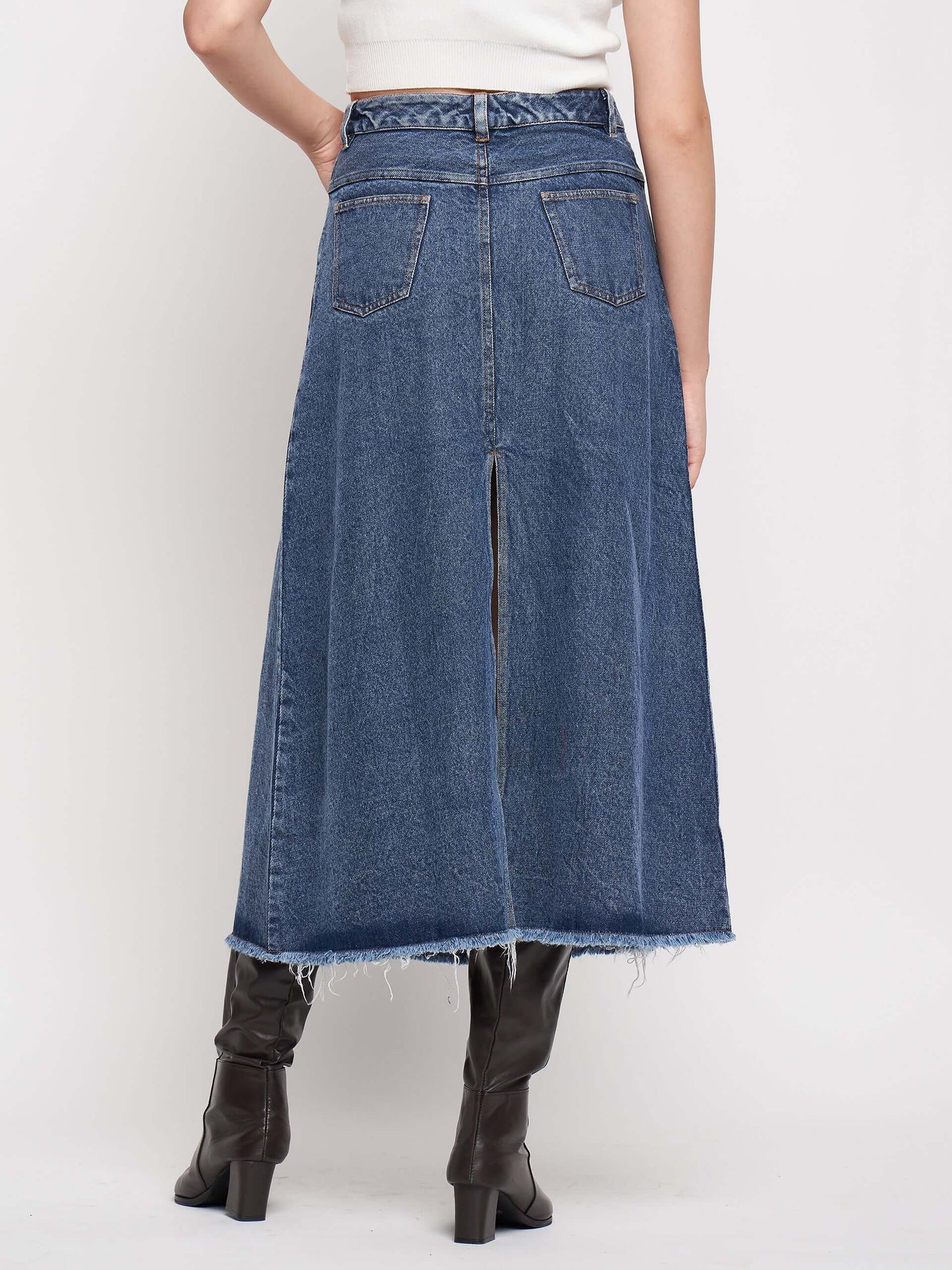 Denim Washed High Waist Split Skirt. - Antimony