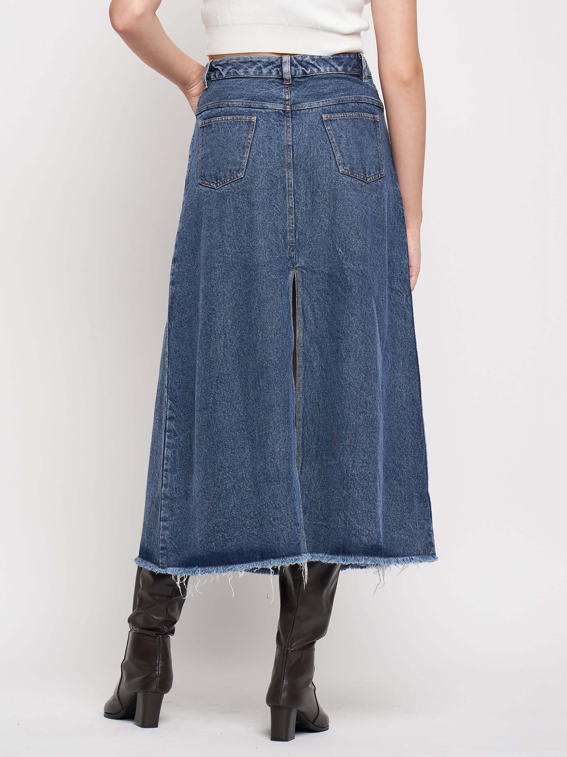 Denim Washed High Waist Split Skirt. - Antimony