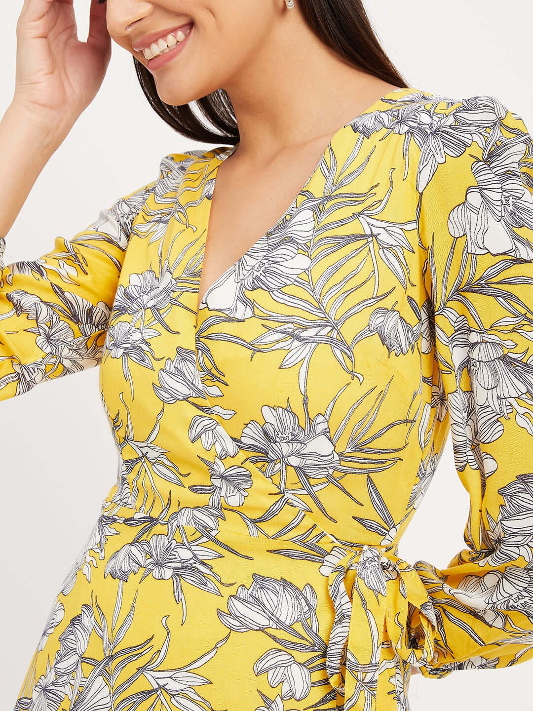 YELLOW PRINTED WRAP DRESS