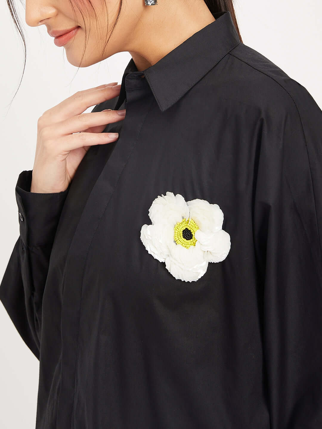 Cotton Solid Black Embroidery Shirt
