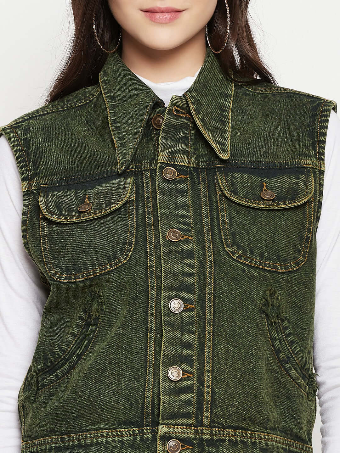 DENIM SLEEVELESS GREEN JACKET WITH FLAP POCKET