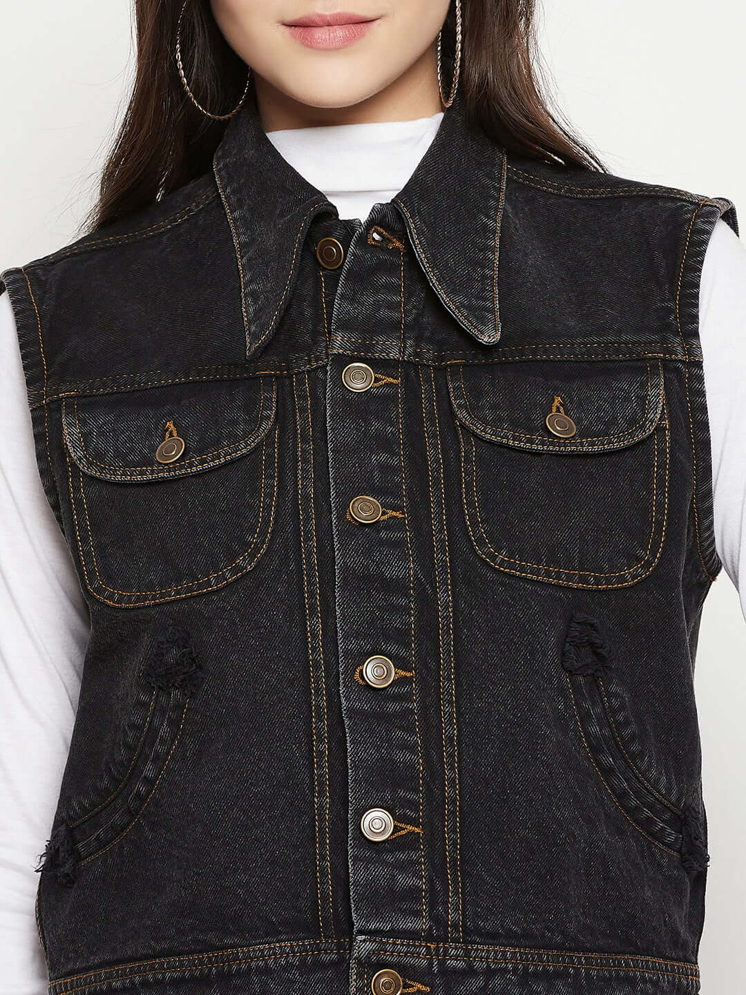 DENIM SLEEVELESS BLACK JACKET WITH FLAP POCKET - Antimony