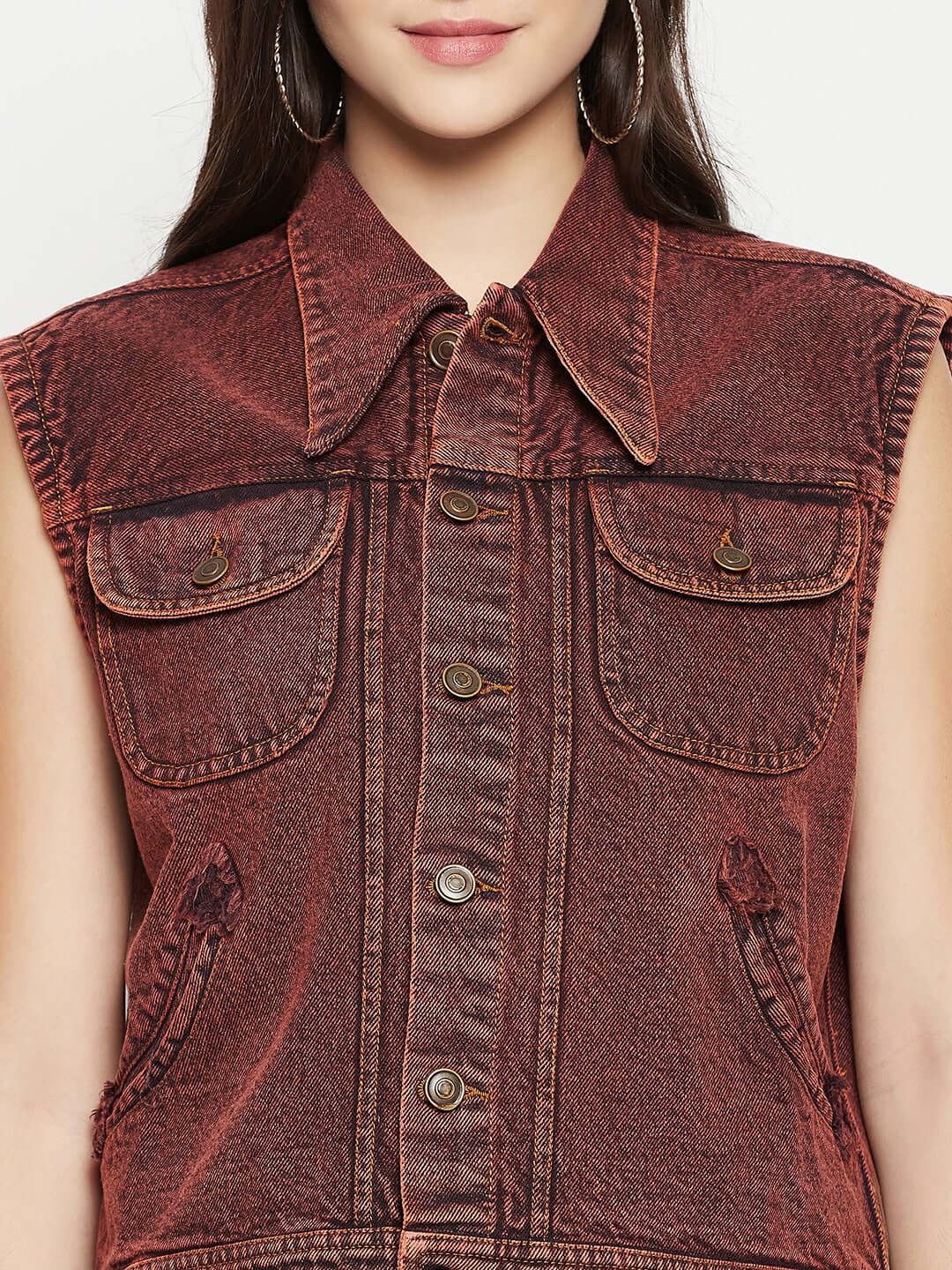 DENIM SLEEVELESS BROWN JACKET WITH FLAP POCKET - Antimony