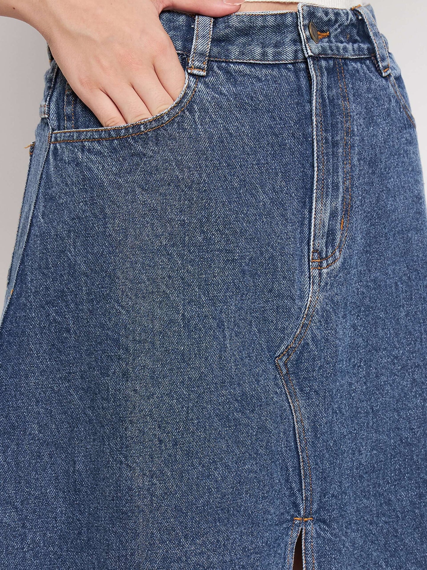 Denim Washed High Waist Split Skirt. - Antimony