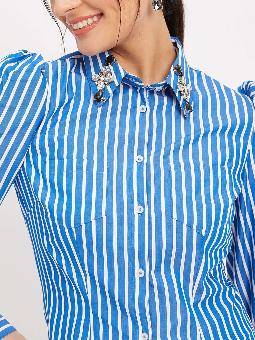 Blue and White Cotton Stripes Shirt for Women - ANTIMONY