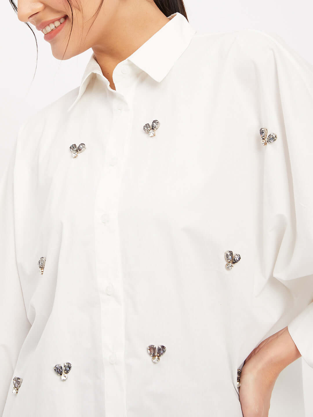 WHITE COTTON EMBELLISHED STUD SHIRT