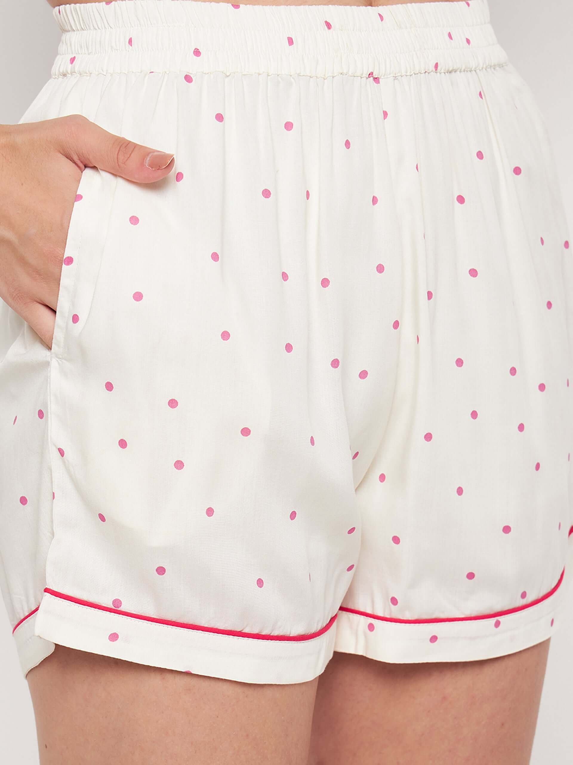 Women Polka Dots Print Night Suit Shirt & Shorts - Antimony
