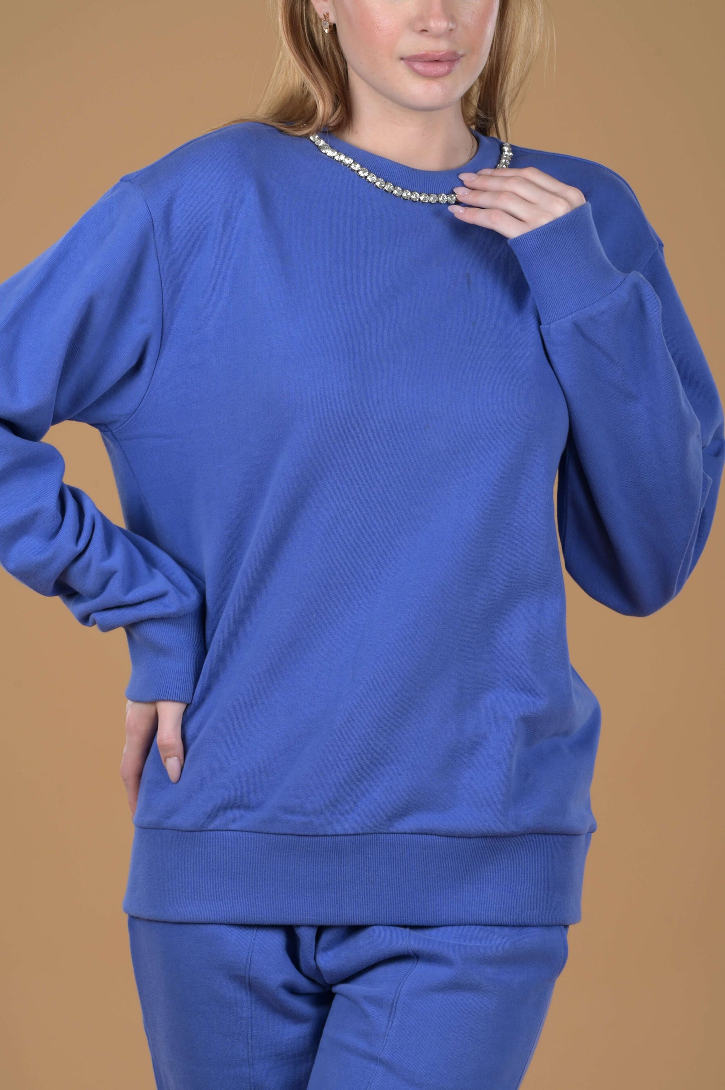 Round Neck Embellished Sweatshirt with pant( Blue)