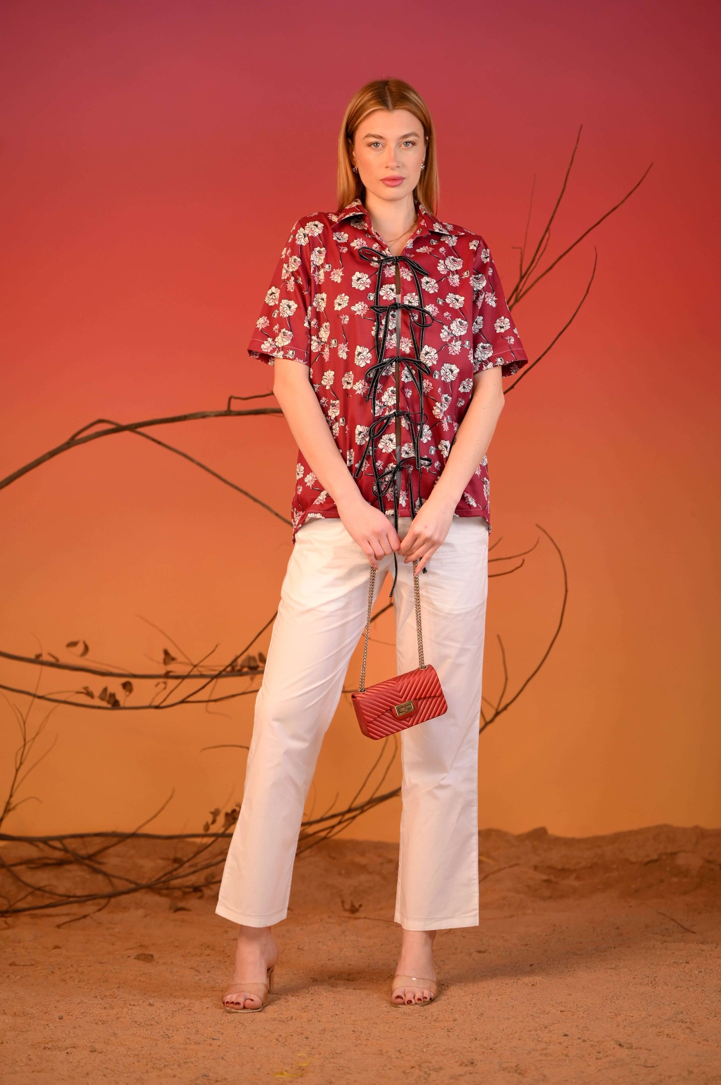 Red Printed Tie-Up Half Sleeve Cotton Co-ord Set