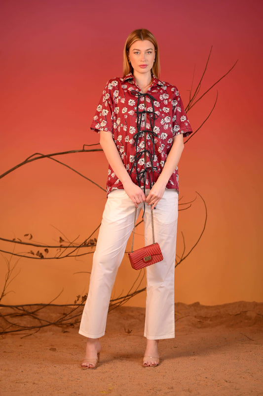 Red Printed Tie-Up Half Sleeve Cotton Co-ord Set