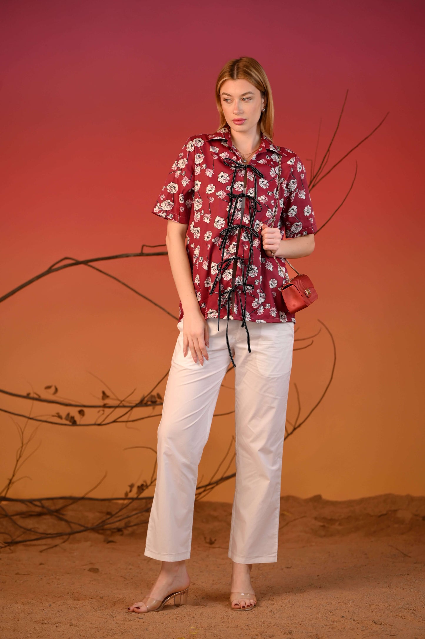 Red Printed Tie-Up Half Sleeve Cotton Co-ord Set