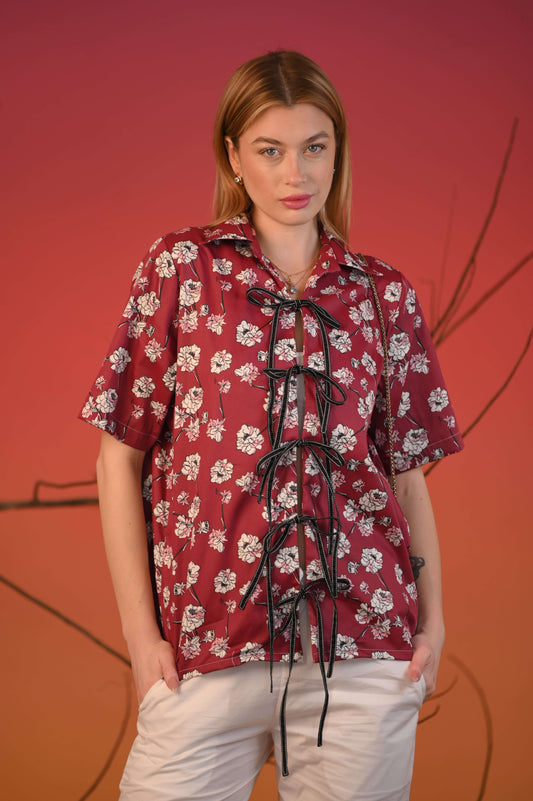 Red Printed Tie-up Half sleeve Shirt