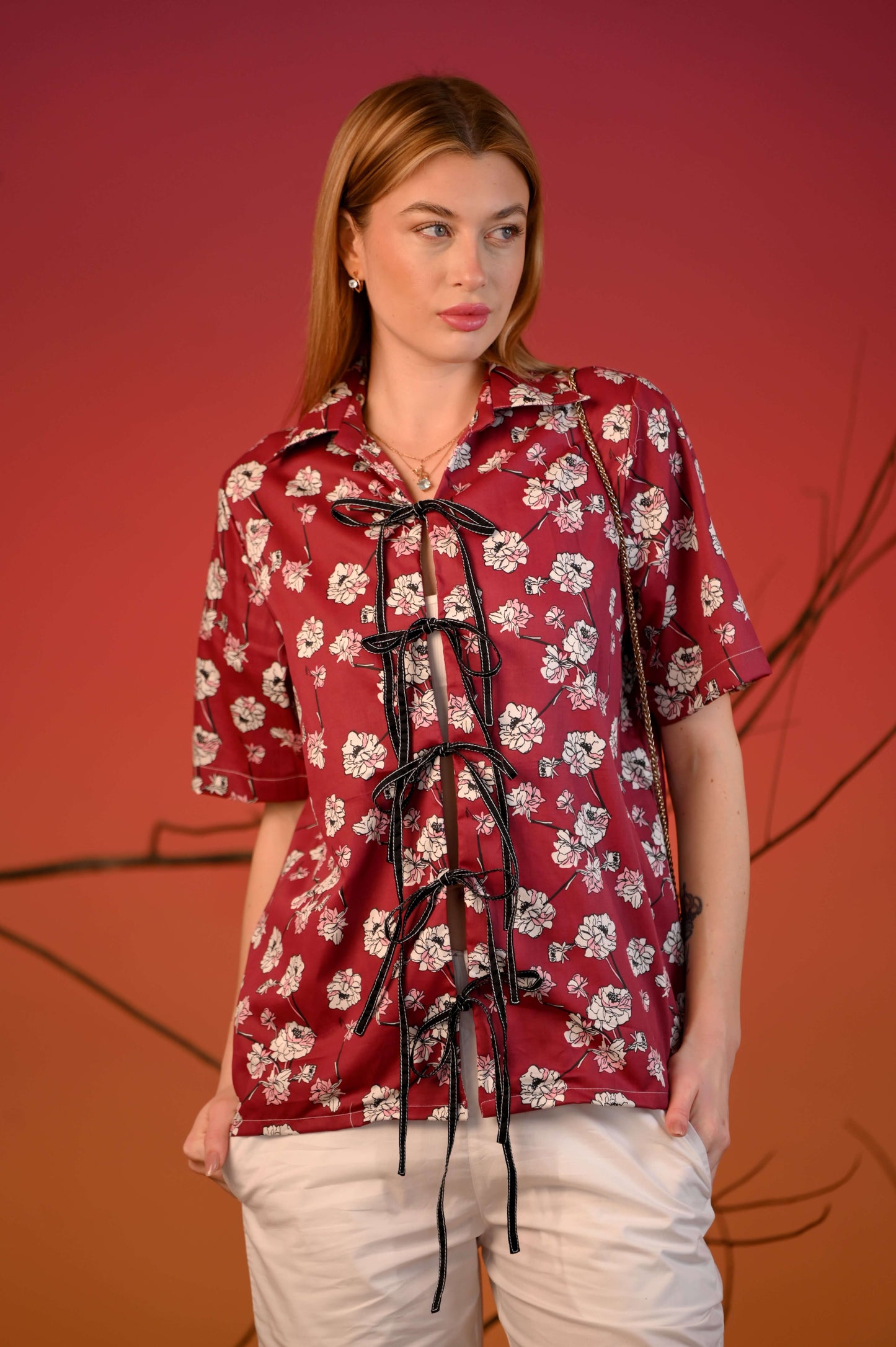 Red Printed Tie-Up Half Sleeve Cotton Co-ord Set