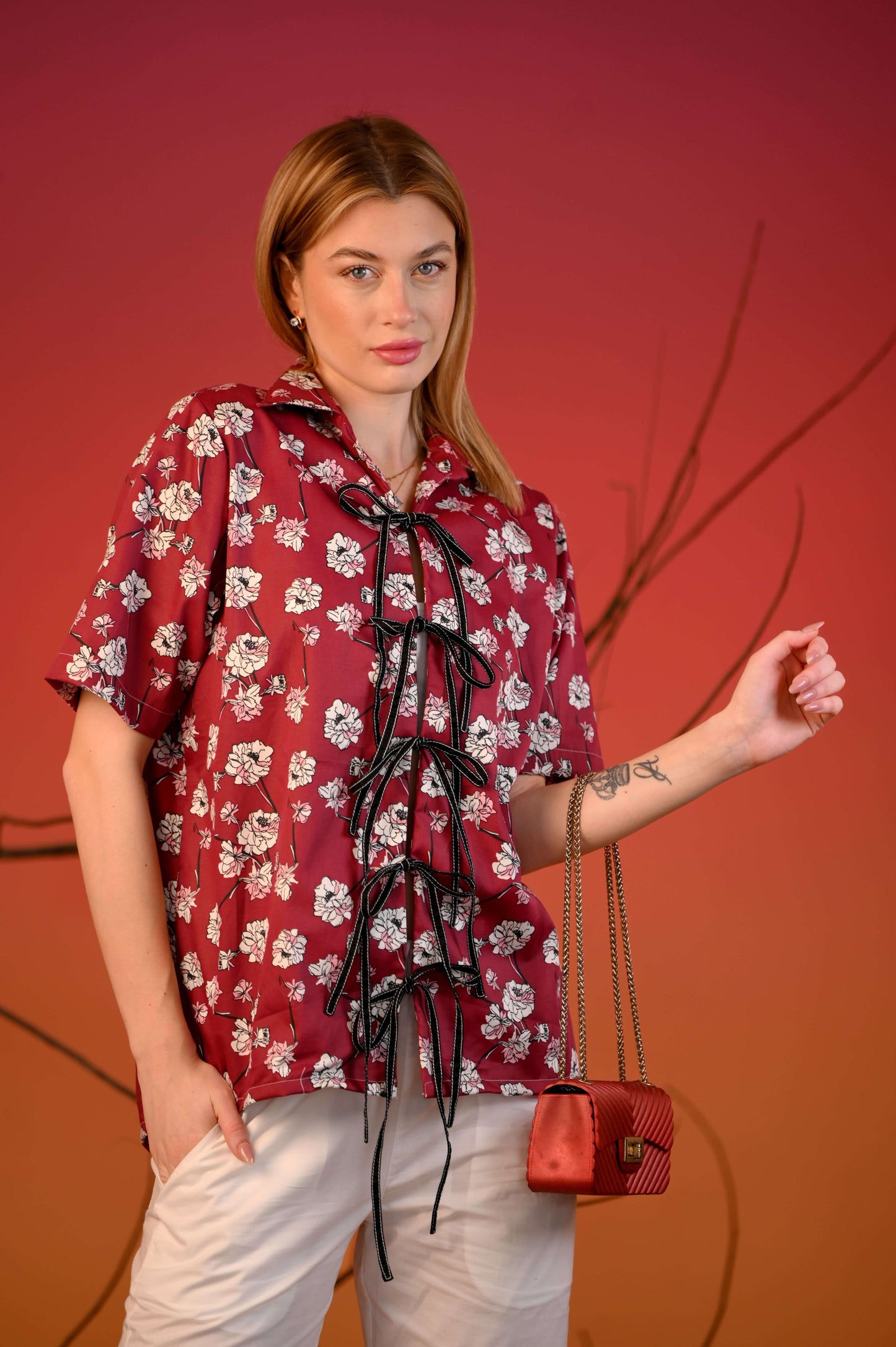 Red Printed Tie-Up Half Sleeve Cotton Co-ord Set