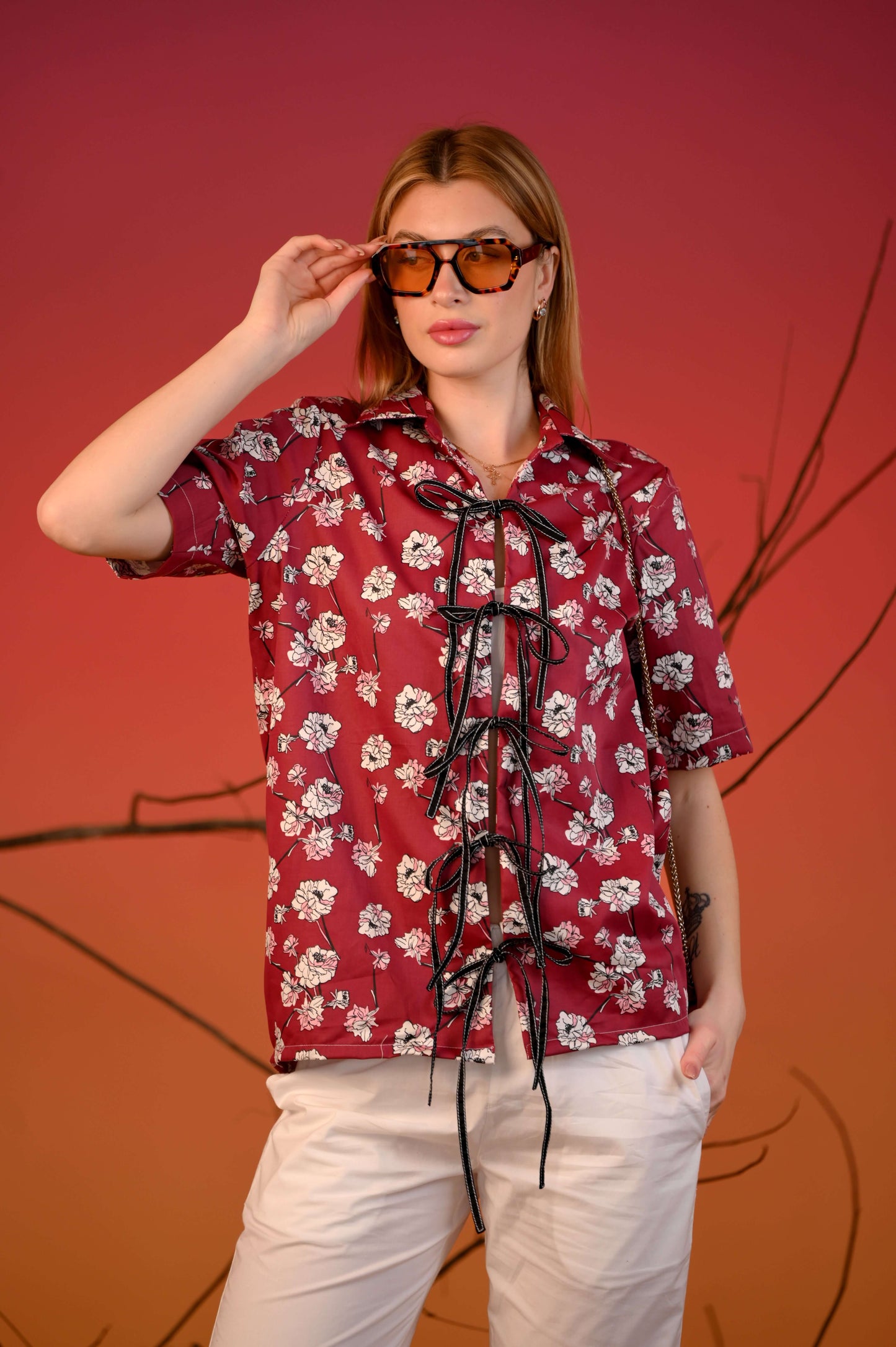 Red Printed Tie-Up Half Sleeve Cotton Co-ord Set