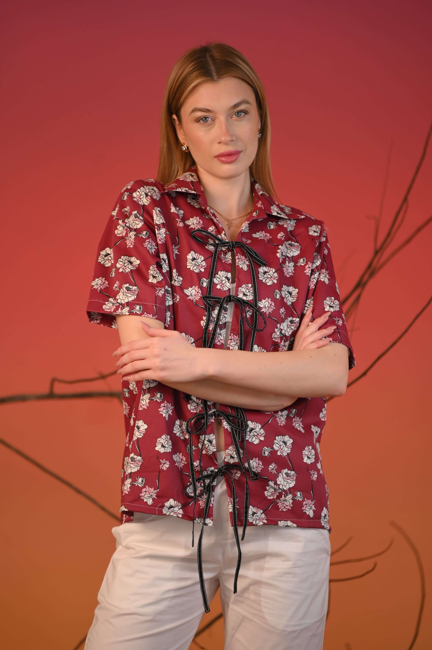Red Printed Tie-up Half sleeve Shirt