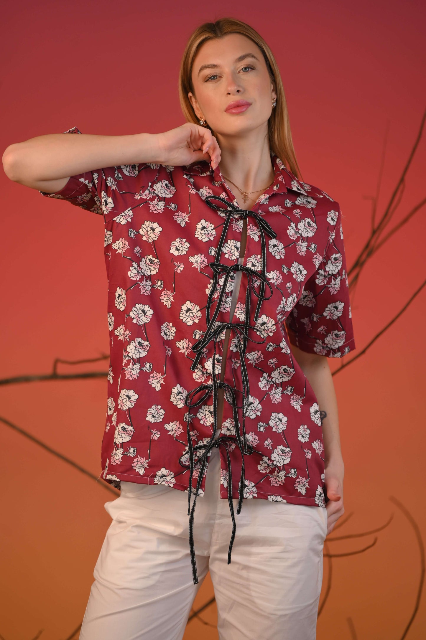 Red Printed Tie-up Half sleeve Shirt