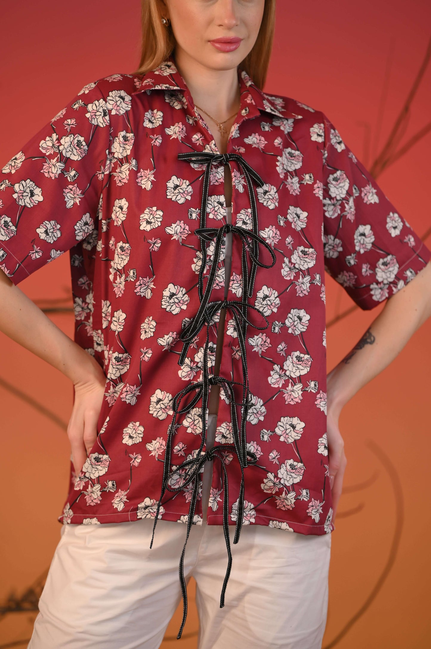 Red Printed Tie-up Half sleeve Shirt