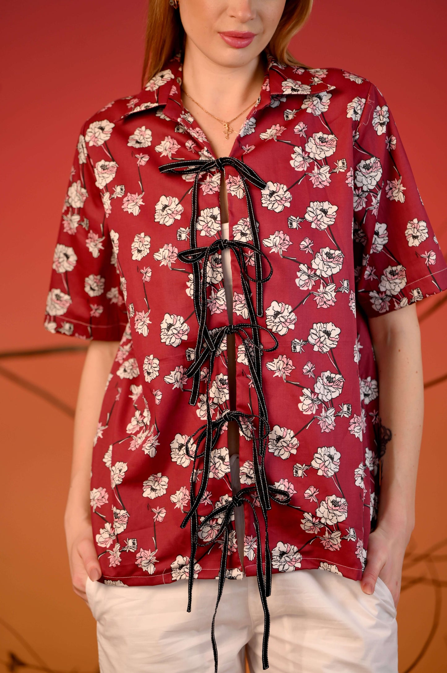 Red Printed Tie-Up Half Sleeve Cotton Co-ord Set