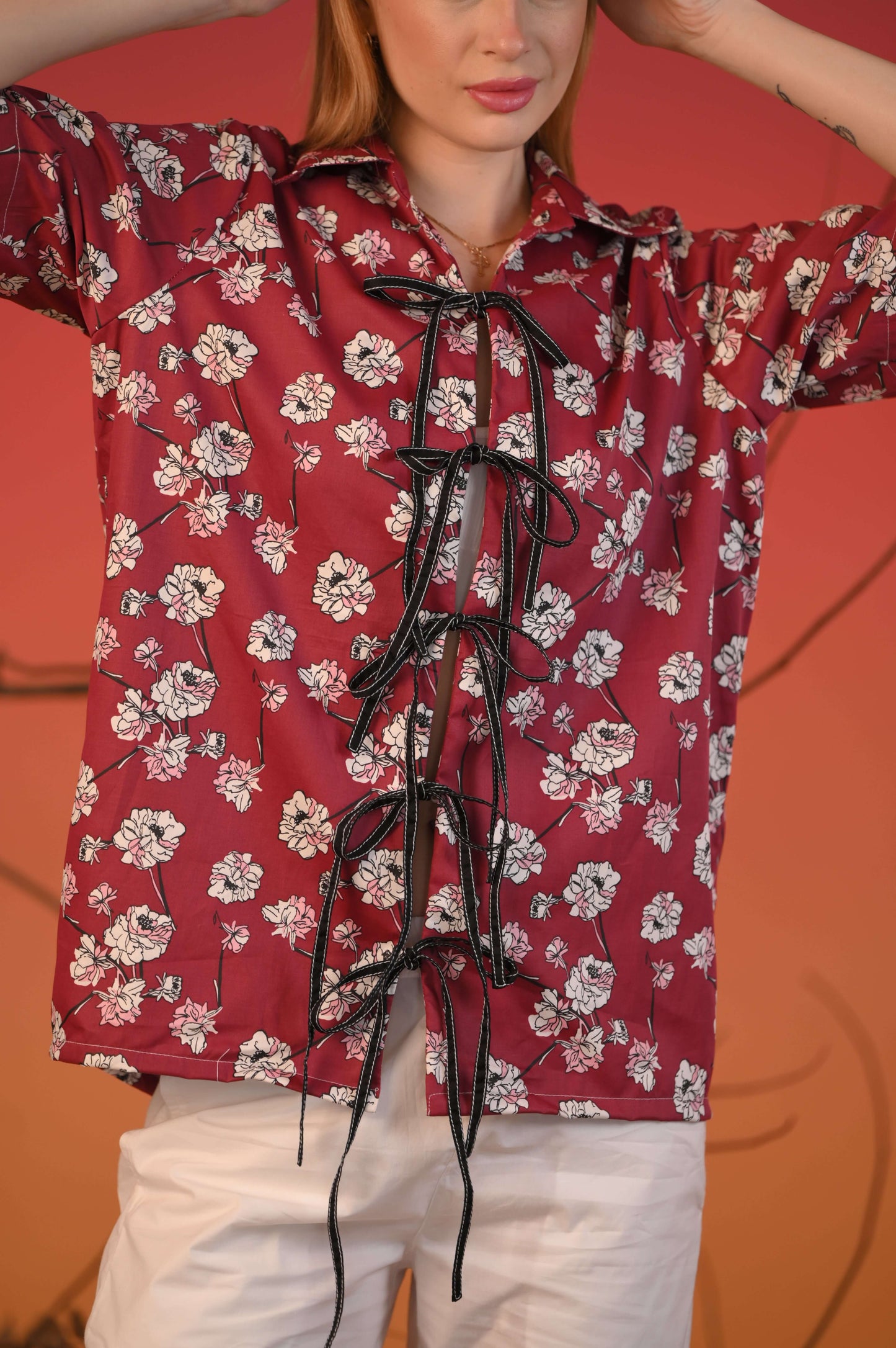 Red Printed Tie-up Half sleeve Shirt