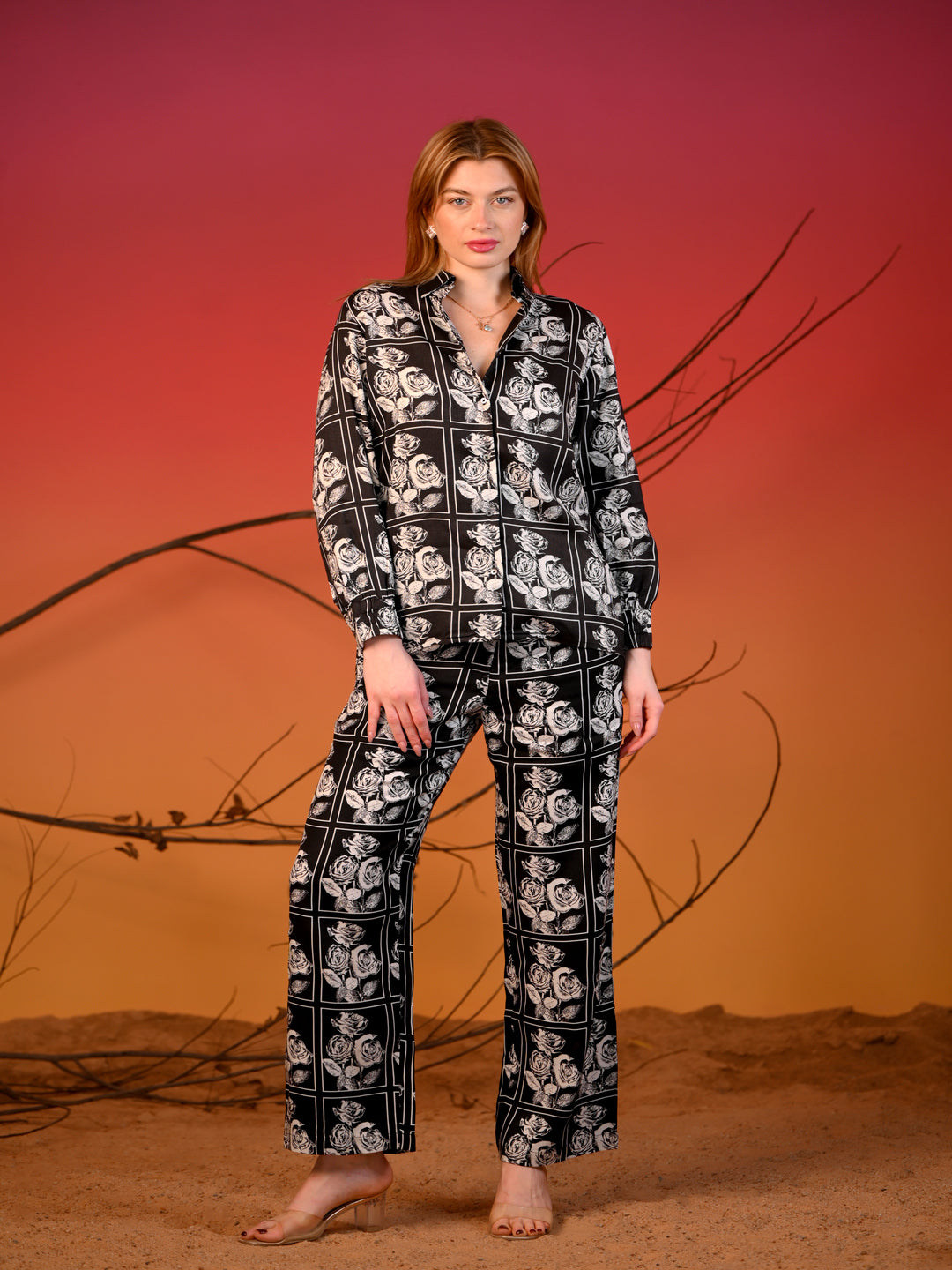 Women  co-ord Set Black  with white Rose Print