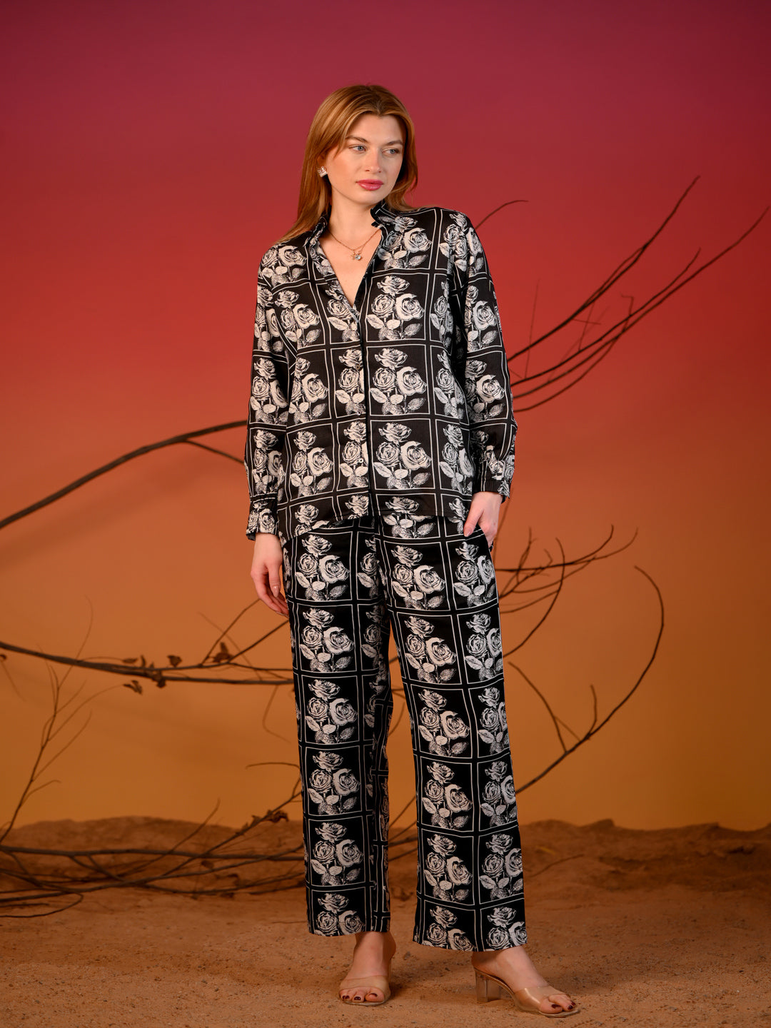 Women  co-ord Set Black  with white Rose Print