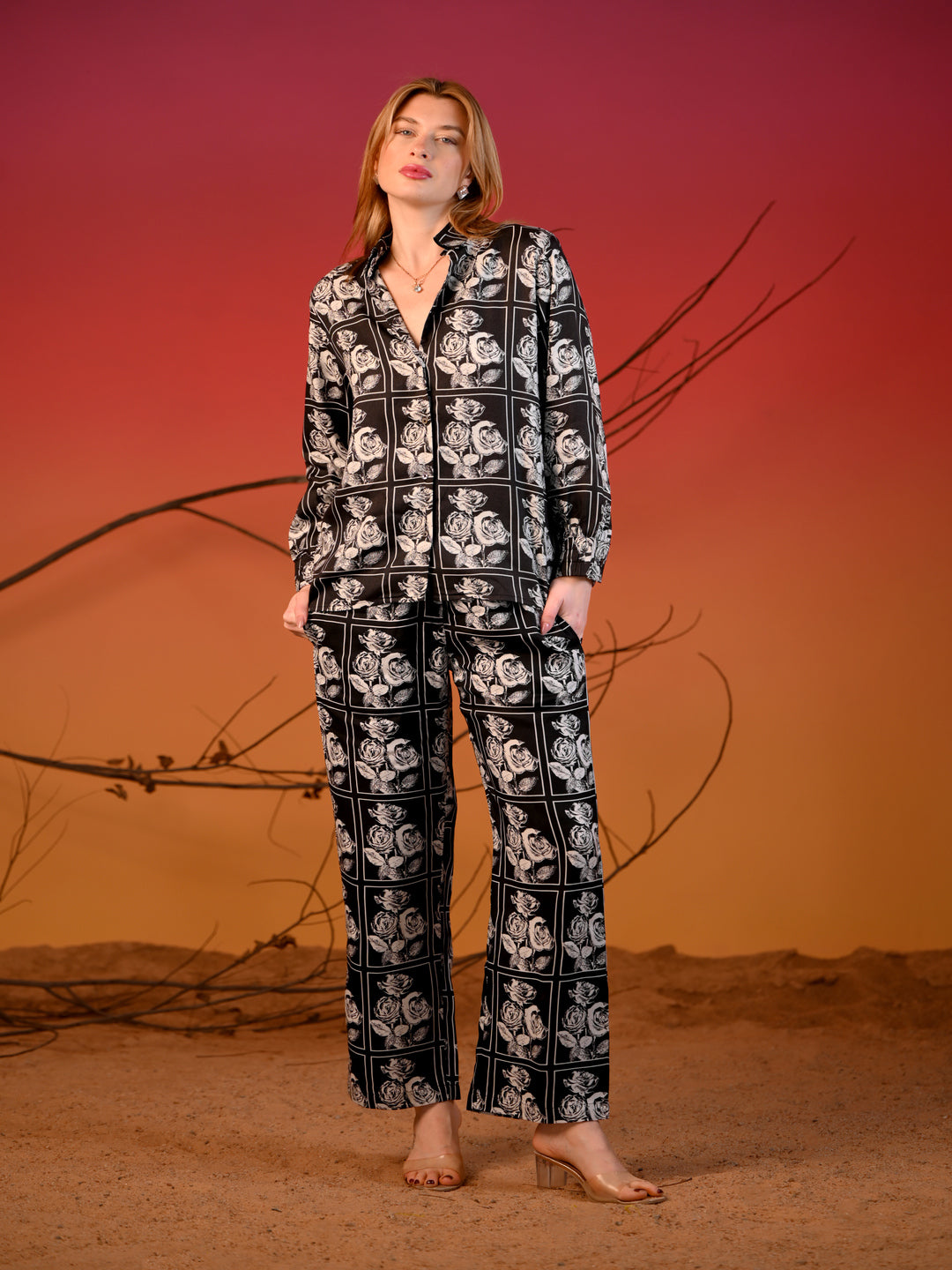 Women  co-ord Set Black  with white Rose Print