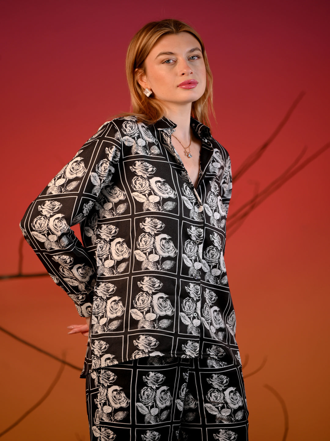 Women  co-ord Set Black  with white Rose Print