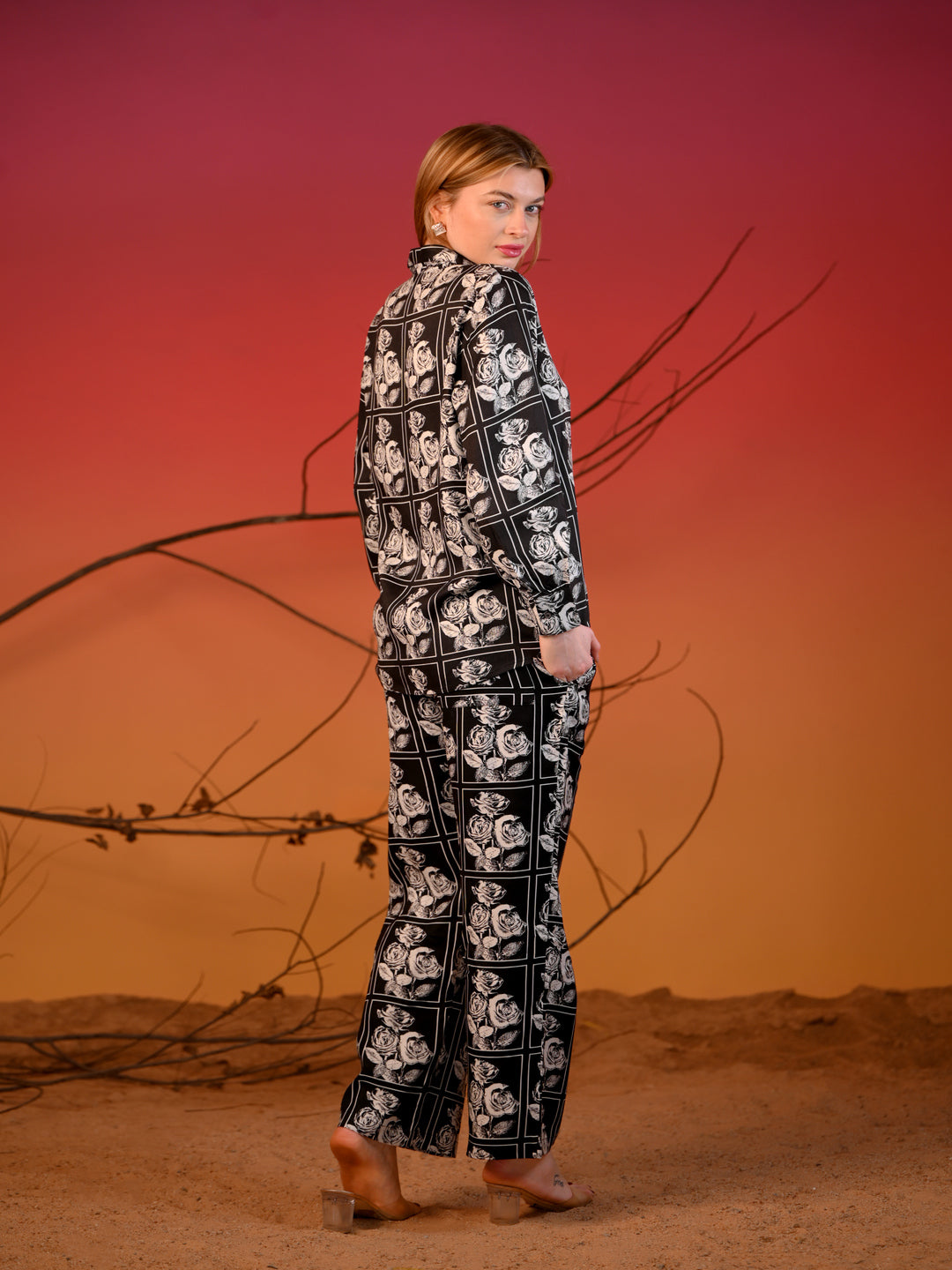 Women  co-ord Set Black  with white Rose Print