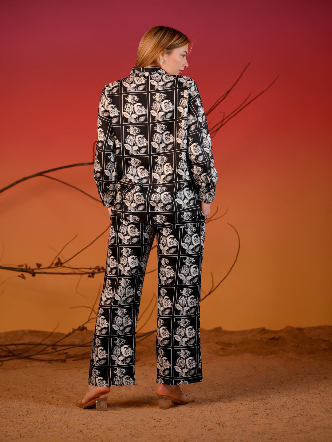 Women  co-ord Set Black  with white Rose Print