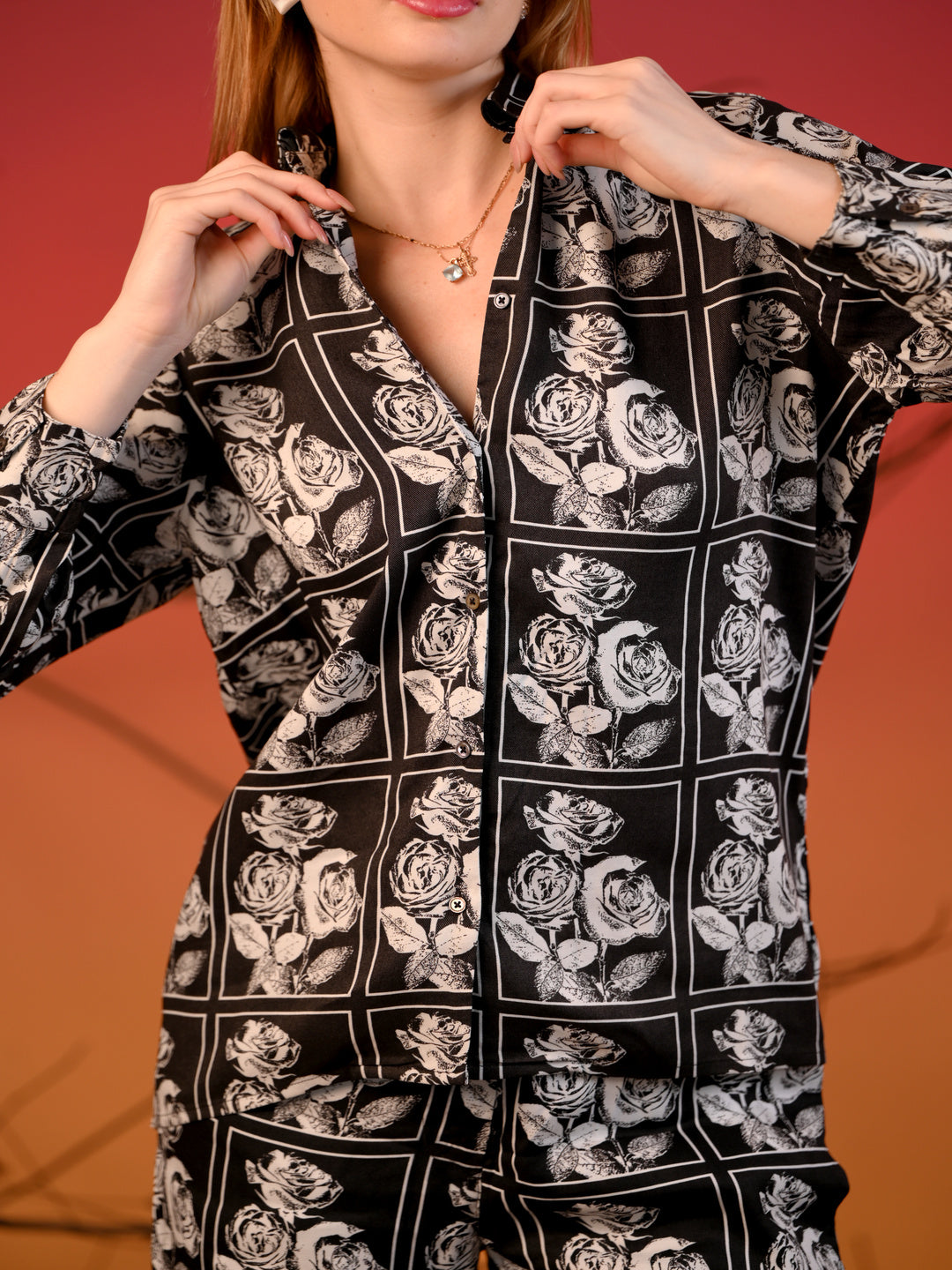 Women  co-ord Set Black  with white Rose Print