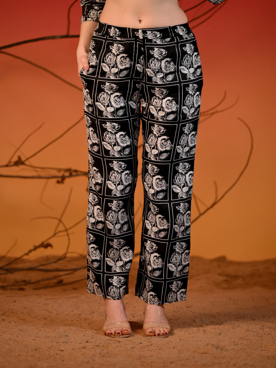Women  co-ord Set Black  with white Rose Print
