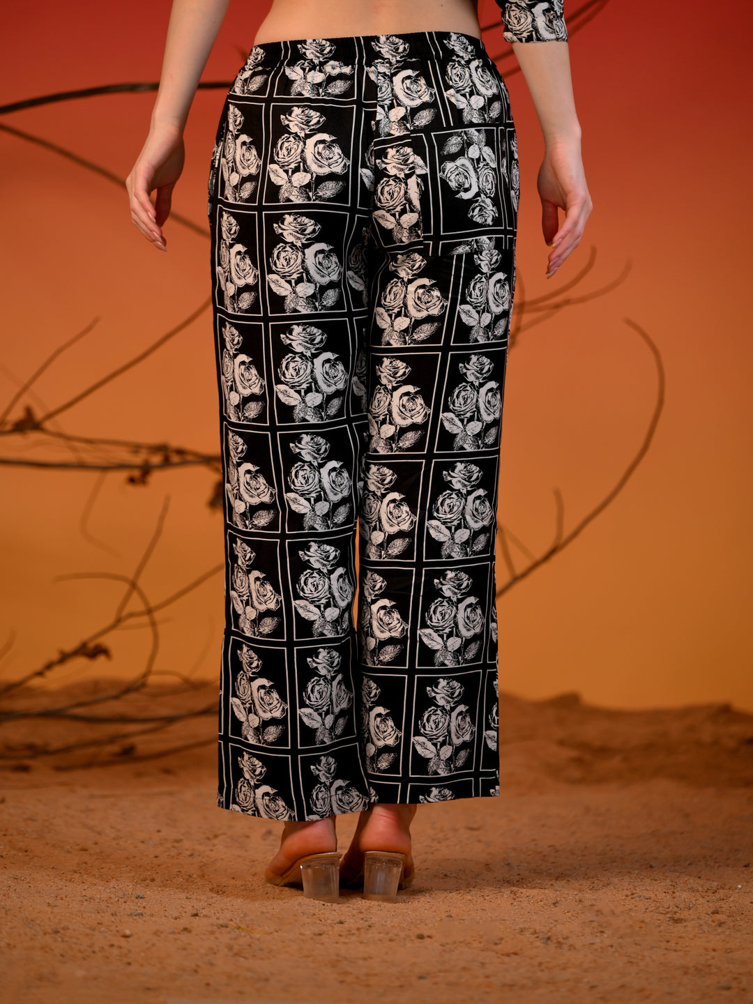Women  co-ord Set Black  with white Rose Print