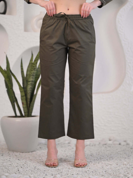 women Olive Green Straight-Leg Cotton Pants