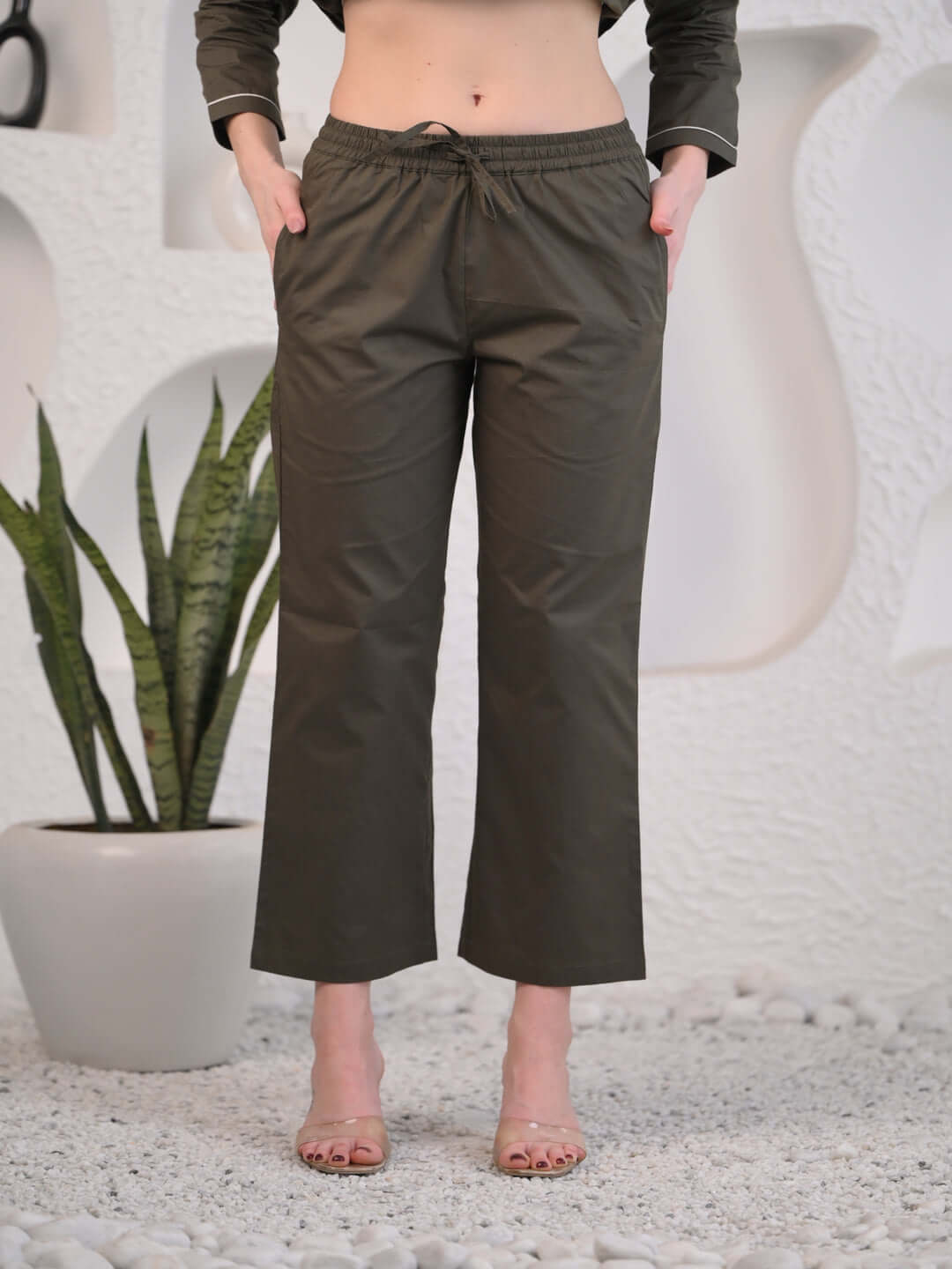 women Olive Green Straight-Leg Cotton Pants