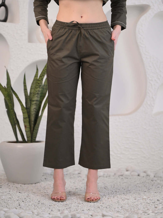women Olive Green Straight-Leg Cotton Pants