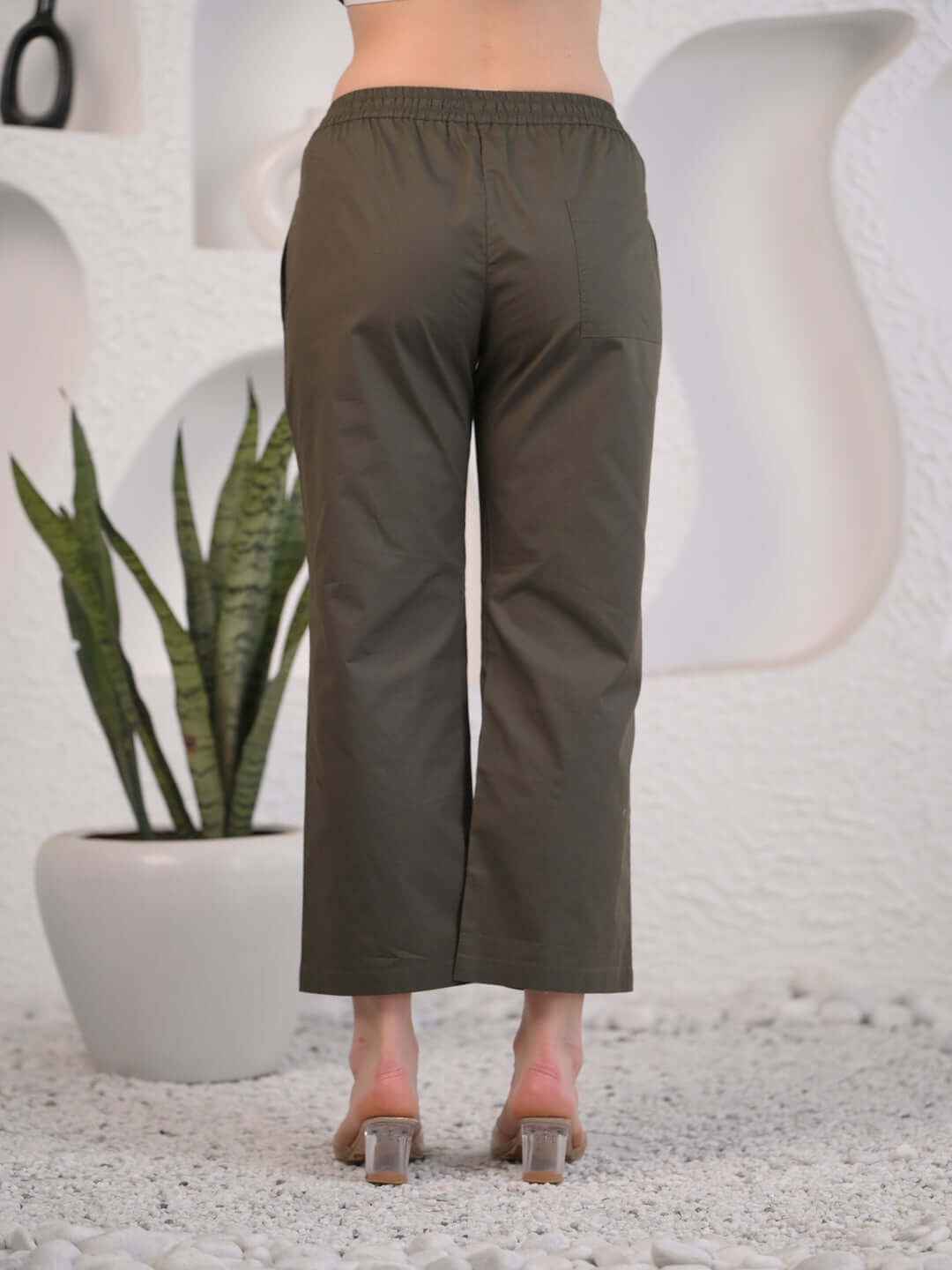 women Olive Green Straight-Leg Cotton Pants