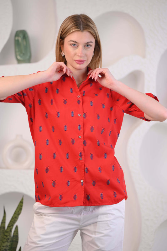 Women Red & Blue Floral Printed Shirt