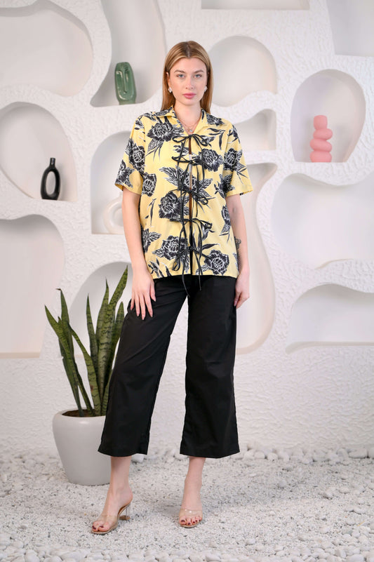 Yellow Printed Tie-up Half sleeve cotton co-ord set