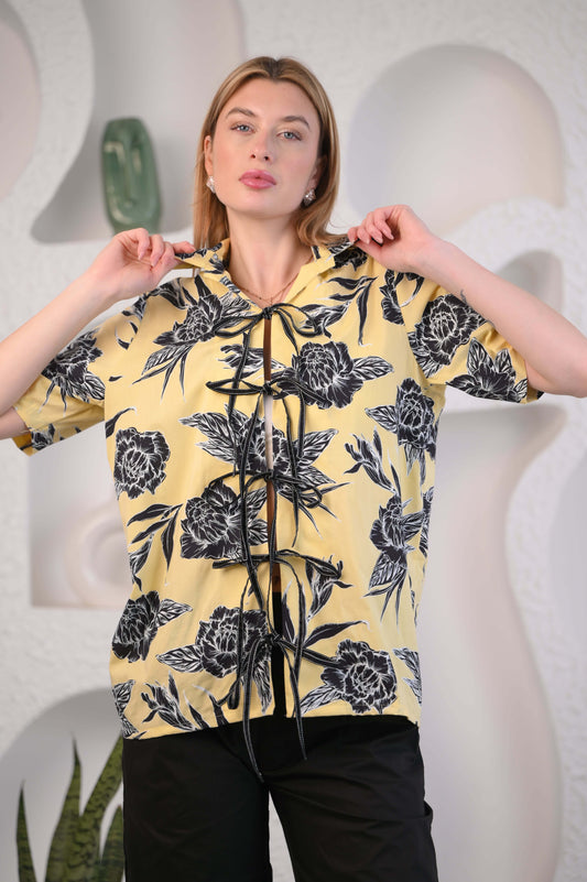 Yellow Printed Tie-up half sleeve Shirt