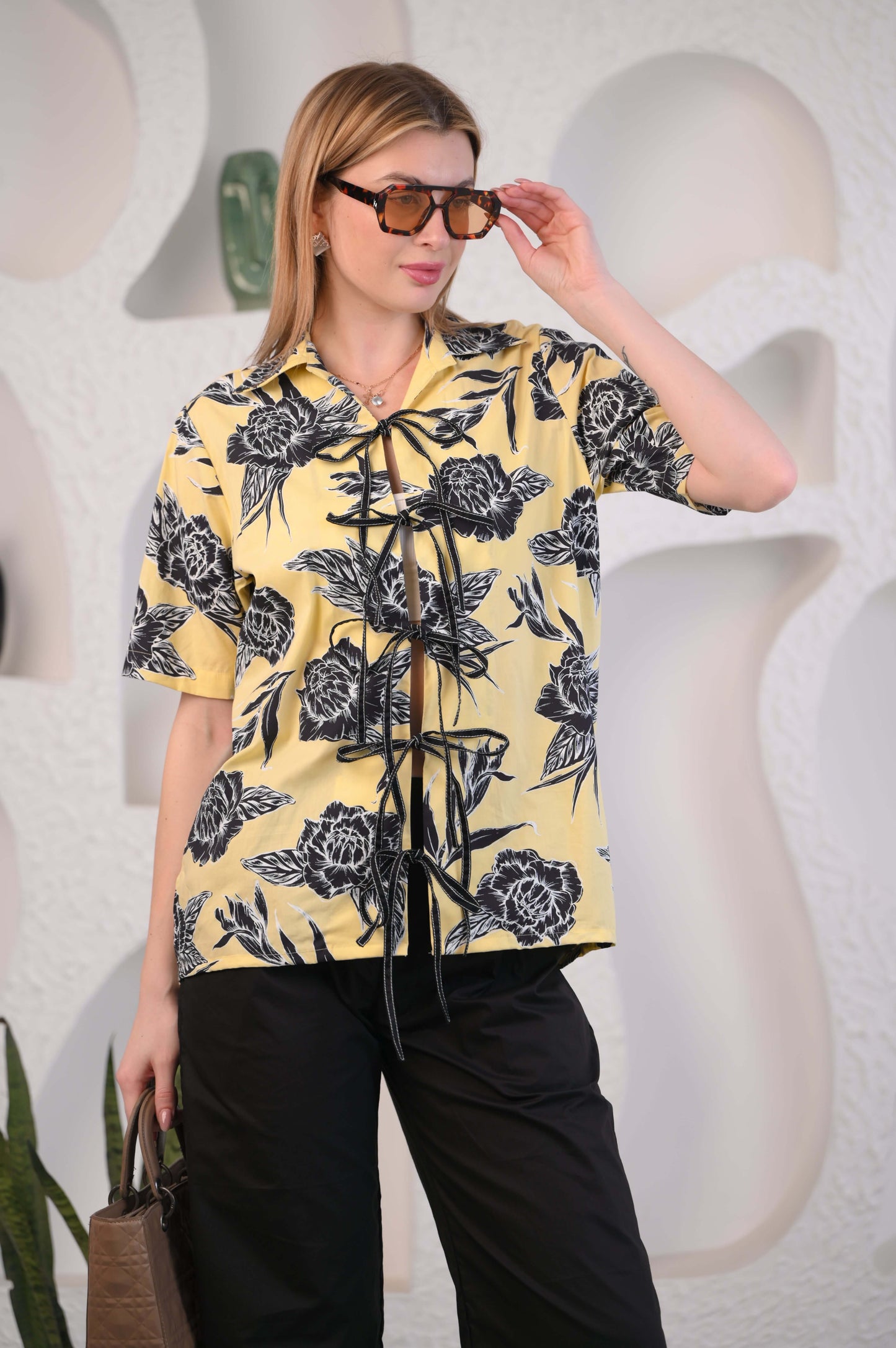 Yellow Printed Tie-up half sleeve Shirt