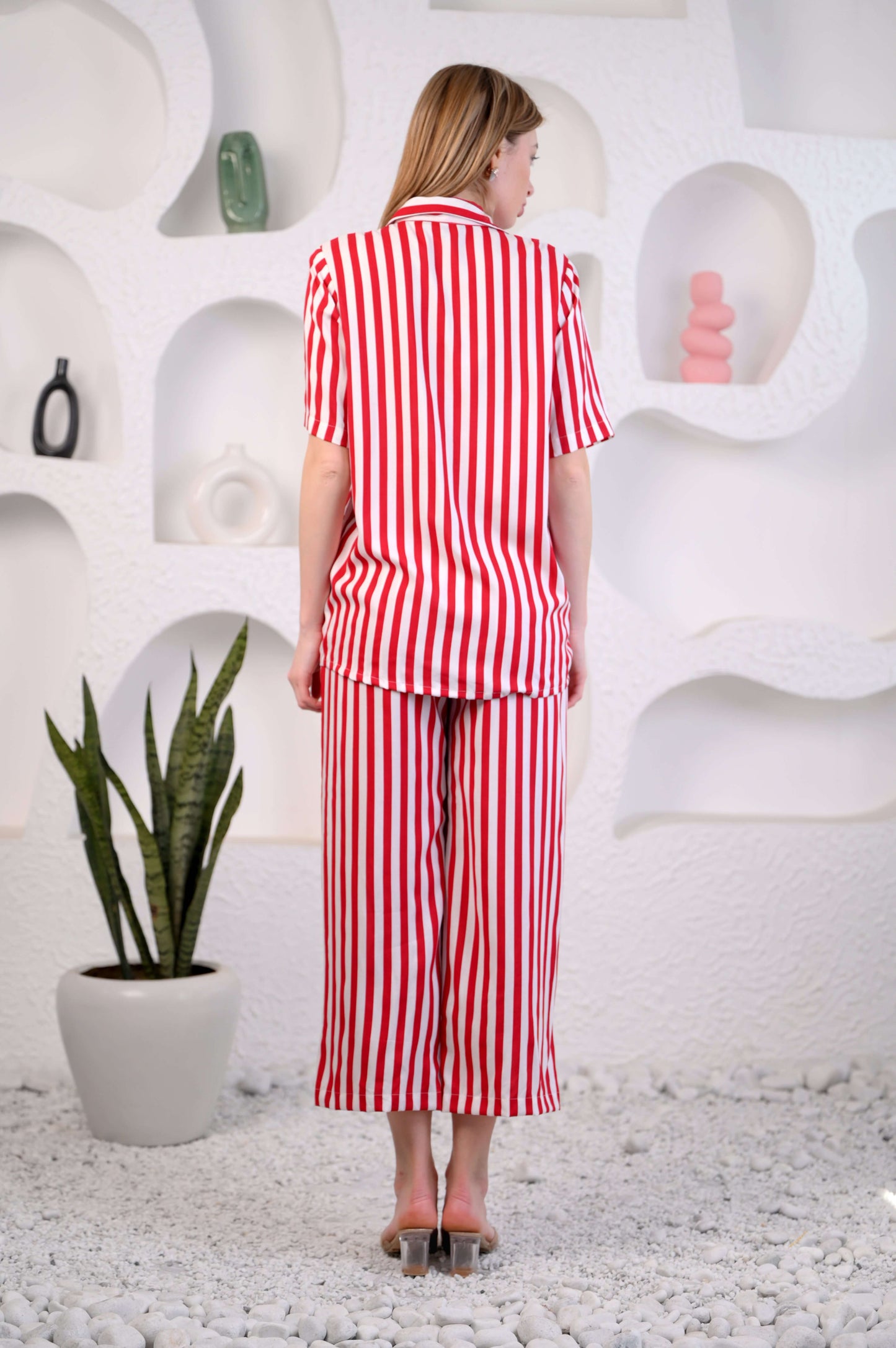 Women Red & White Striped Co-ord Set